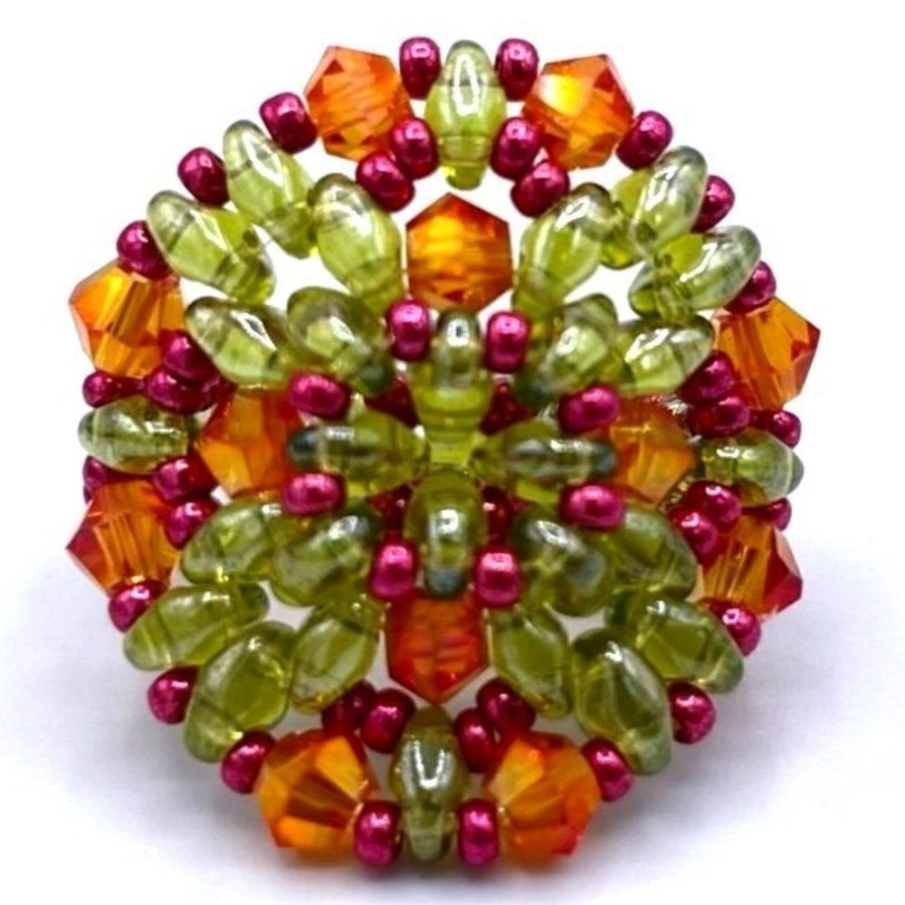 Green with Pink and Orange Crystal Beaded Statement Ring Size 6